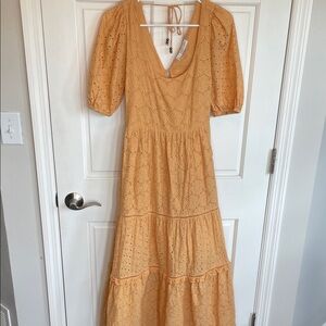 Harni Women’s Peasant Eyelet Maxi Dress Sz M Boho Prairie Embroidered puff slv